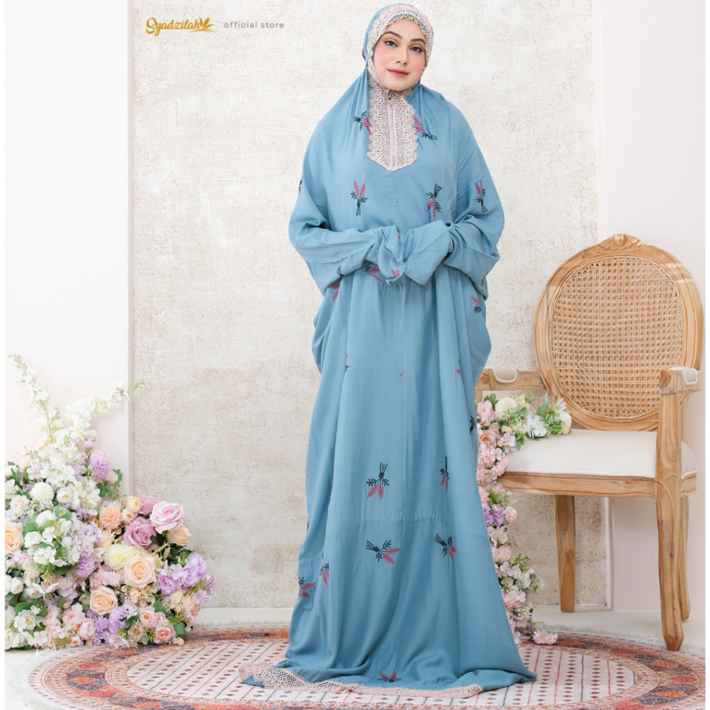 Mukena Terusan Dewasa Bordir Floral Katun Rayon - Gambar 9