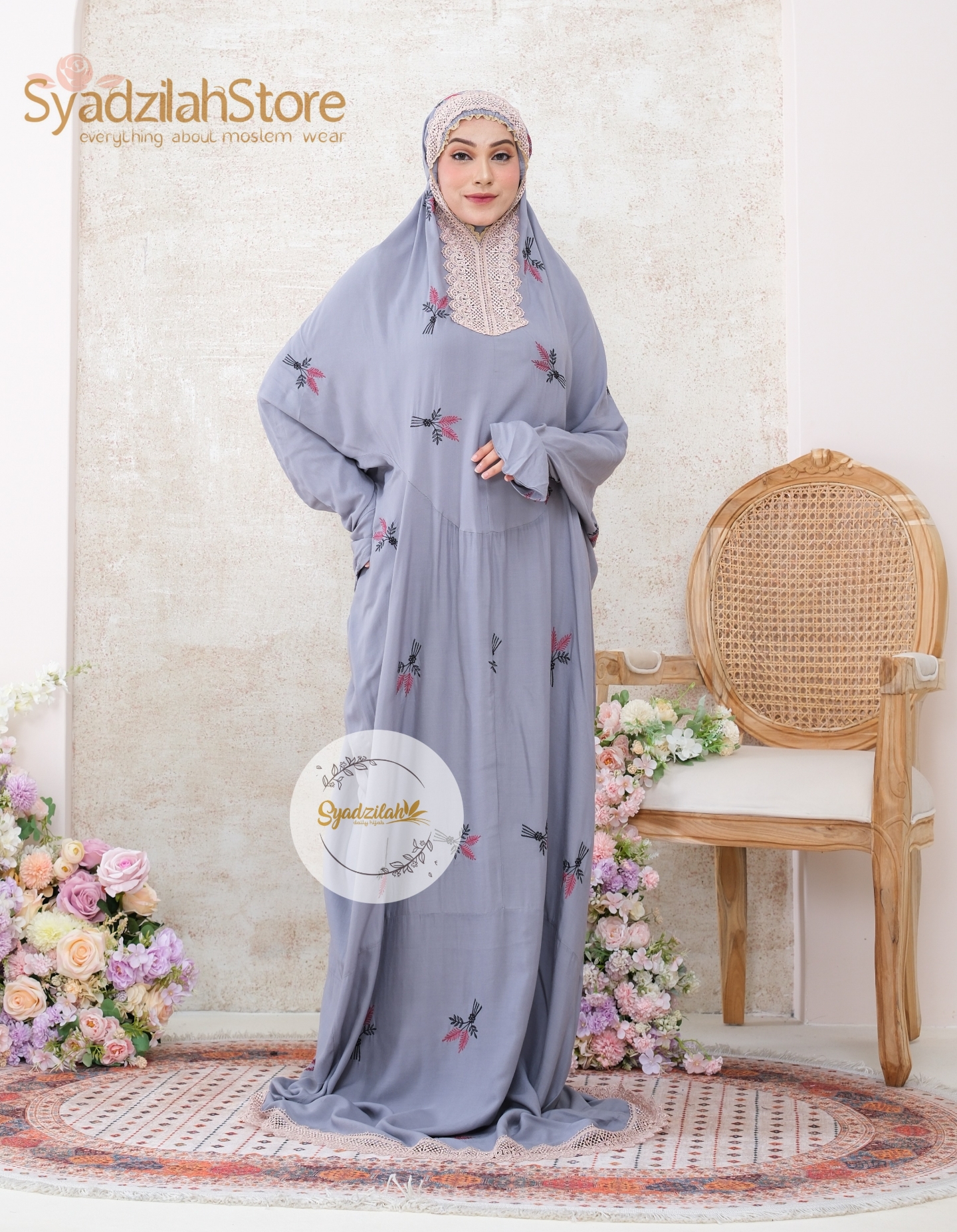 Mukena Terusan Dewasa Bordir Floral Katun Rayon - Gambar 11