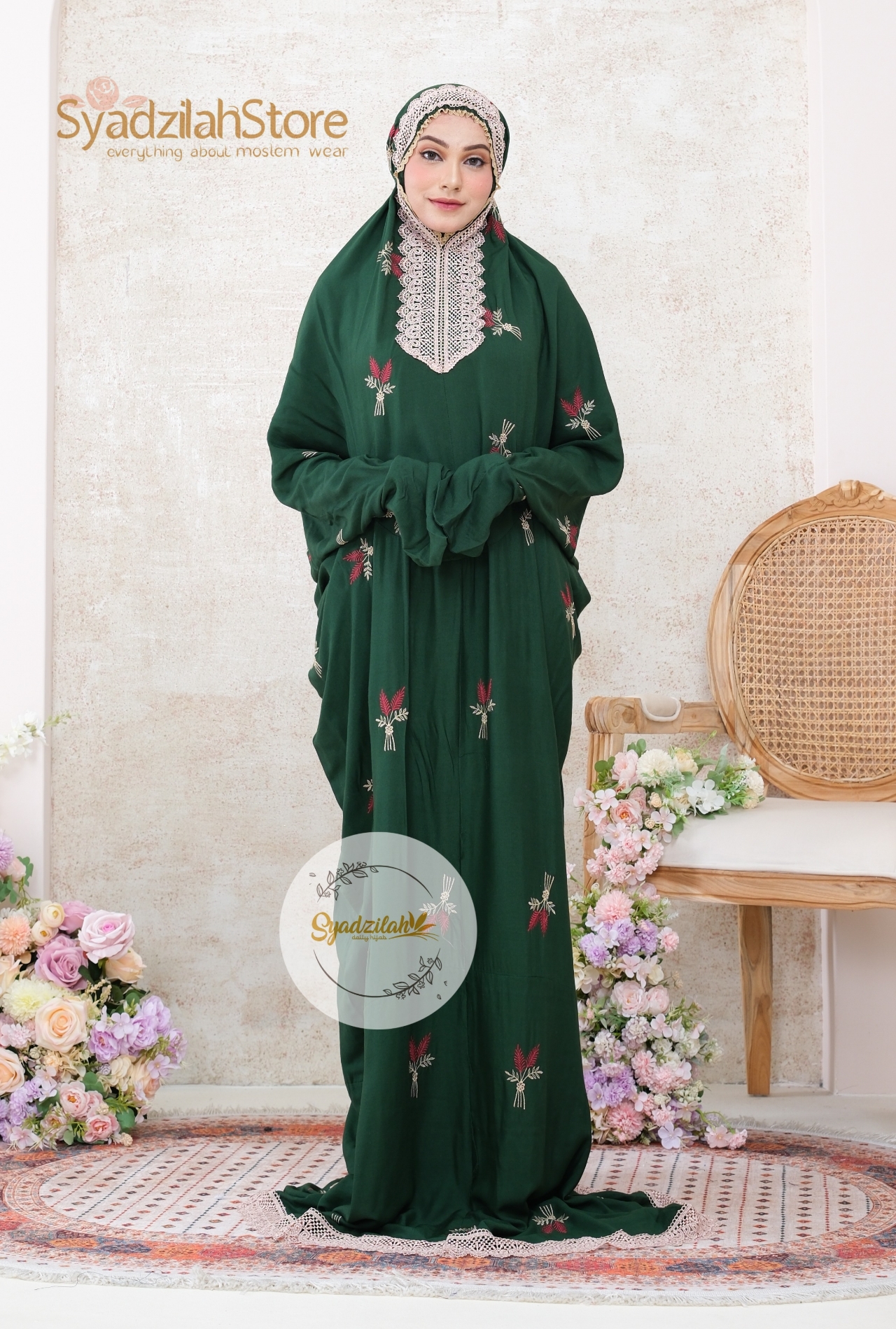 Mukena Terusan Dewasa Bordir Floral Katun Rayon - Gambar 12